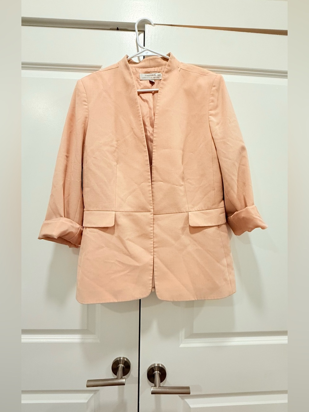 Tahari ASL Peach Collarless Open-Front Blazer